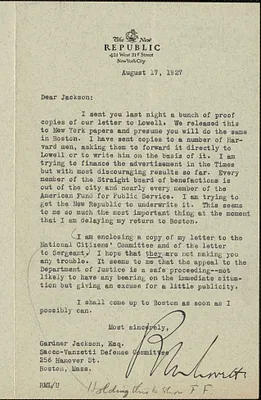 Robert Morss Lovett (The New Republic) typed letter to Gardner Jackson, New York, N. Y., August 17, 1927