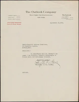 Phyllis M. Horne (The Outlook Company) typed note signed to Sacco-Vanzetti Defense Committee, New York, N.Y., September 16, 1921