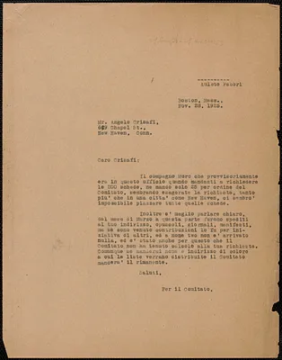 Amleto Fabbri (Sacco-Vanzetti Defense Committe) typed letter (copy), in Italian, to Angelo Crisafi, Boston, Mass., November 28, 1925