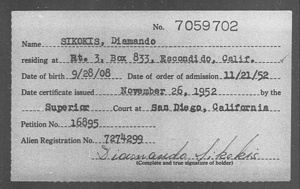 Sikokis, Diamando - 1952