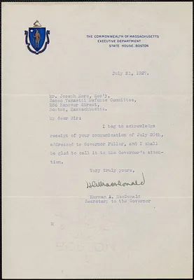 Herman A. MacDonald (Commonwealth of Massachusetts, Executive Department) autograph note signed to Joseph Moro, Boston, Mass., July 21, 1927
