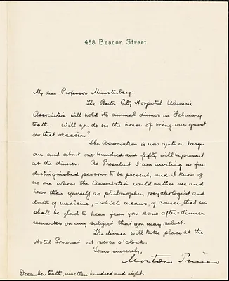 Prince, Morton, 1854-1929 manuscript letter signed to Hugo Münsterberg, Boston, 10 December 1908