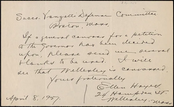 Ellen Hayes autograph note signed to Sacco-Vanzetti Defense Committee, Wellesley, Mass., April 8, 1927
