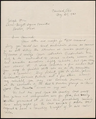 Bessie Kimmelman (Sacco-Vanzetti Defense Committee, Cleveland) autograph letter signed to Joseph Moro (Sacco-Vanzetti Defense Committee), Cleveland, Ohio, May 24, 1927