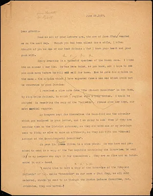 Bartolomeo Vanzetti typed letter (copy) to Leonard D. Abbott, [Dedham], 28 June 1927