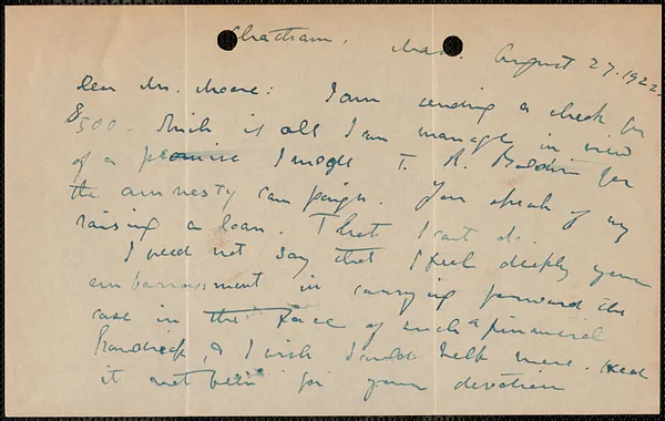 Elizabeth G[lendower] Evans autograph letter signed to [Fred H.] Moore, Chatham, Mass., August 27, 1922