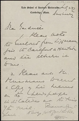 [Felix? Frankfurter] autograph note signed (incomplete) to Gardner Jackson, Cambridge, Mass., July 23, [1927?]