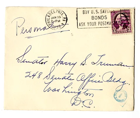 Envelope from Myra Hornbuckle to Harry S. Truman