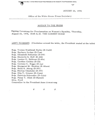 Participants in the Signing Ceremony for Proclamation on Women's Equality, 10:45 AM, The Cabinet Room [Meeting Attendee List]