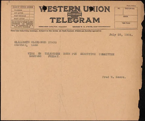 Fred H. Moore telegram (copy) to Elizabeth Glendower Evans, Boston, Mass.], July 22, 1924