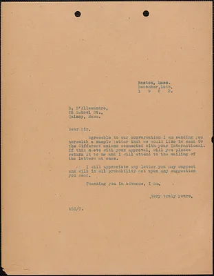 A. L. Carpenter typed letter (copy) to D. D'Alessandro (International Hod Carriers', Building and Common Laborers' Union of America), Boston, Mass., December 10, 1923