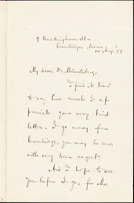 Page, Walter Hines, 1855-1918 autograph letter signed to Hugo Münsterberg, Cambridge, Mass., 14 August 1899
