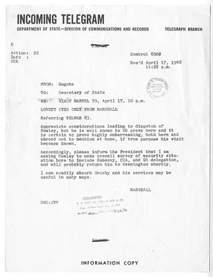 Telegram from Secrertary of State George C. Marshall to Robert Lovett