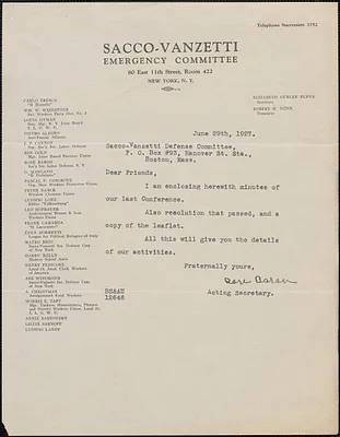 Rose Baron (Sacco-Vanzetti Emergency Committee) typed note signed to Sacco-Vanzetti Defense Committee, New York, N.Y., June 29, 1927