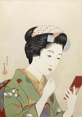 紅筆持てる女 (Woman Applying Color to Her Lips)