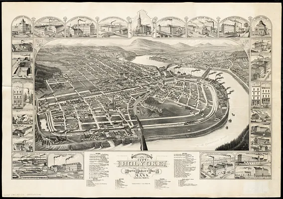 Bird's eye view of the city of Holyoke, and village of South Hadley Falls, Mass. looking north