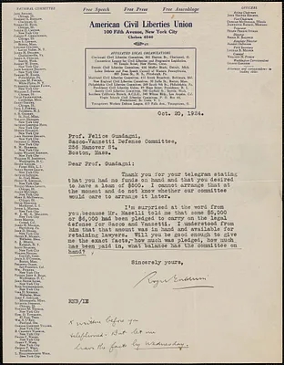 Roger N. Baldwin (American Civil Liberties Union) typed letter signed to Felice Guadagni, New York, N.Y., October 20, 1924