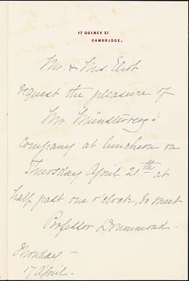 Eliot, Charles William, 1834-1926 autograph note signed to Hugo Münsterberg, Cambridge, Mass., 17 April