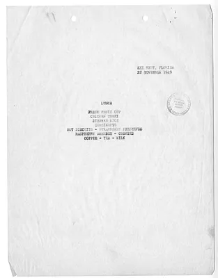 Menu for President Harry S. Truman's  Visit to Key West, Florida