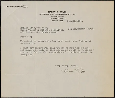 Harry T. Talty typed note signed to Emilio Coda, Boston, Mass., December 24, 1924
