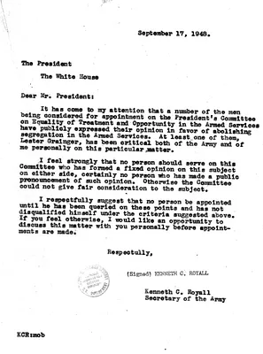Letter from Secretary of the Army Kenneth Royall to President Harry S. Truman