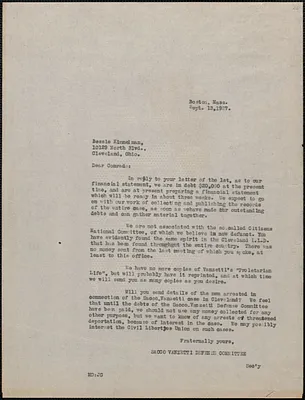 Mary Donovan (Sacco-Vanzetti Defense Committee) typed letter (copy) to Bessie Kimmelman (Sacco-Vanzetti Defense Committee, Cleveland), Boston, Mass., September 13, 1927