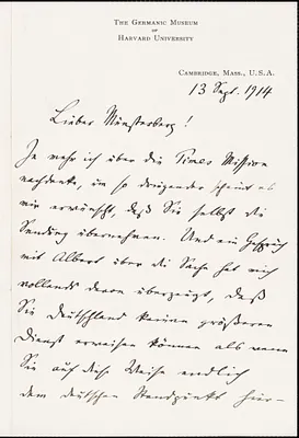 Francke, Kuno, 1855-1930 autograph letter signed to Hugo Münsterberg, Cambridge, Mass., 13 September 1914
