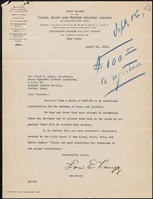 Louis E. Langer (Joint Board of the Cloak, Skirt and Reefer Maker's Unions) typed letter signed to Frank R. Lopez, New York, N. Y., August 31, 1923