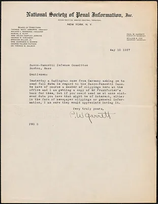 Paul W. Garrett (National Society of Penal Information, Inc.) typed letter signed to Sacco-Vanzetti Defense Committee, New York, N.Y., May 10, 1927