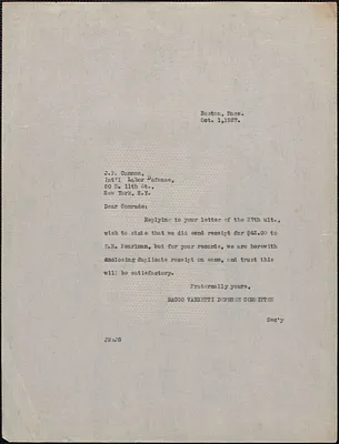 Joseph Moro (Sacco-Vanzetti Defense Committee) typed letter (copy) to James P. Cannon (International Labor Defense), Boston, Mass., October 1, 1927