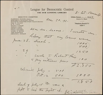E[lizabeth] G[lendower] Evans (League for Democratic Control) autograph letter signed to [Fred H.] Moore, Boston, Mass., December 20, 1921