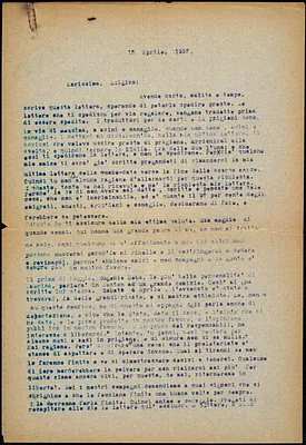 Bartolomeo Vanzetti typed letter (copy) to Luigia Vanzetti, [Bridgewater Hospital for the State Criminally Insane], 15 April 1925