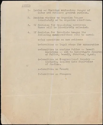 [Citizens National Committee for Sacco and Vanzetti] typed document (copy) [Boston, Mass., July-August 1927]: Agenda