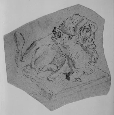 Sketch of Barye's ""Lion Lunging at a Boar""