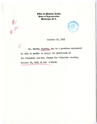 Invitation Reply from Congressman Joseph Martin to the White House Social Office