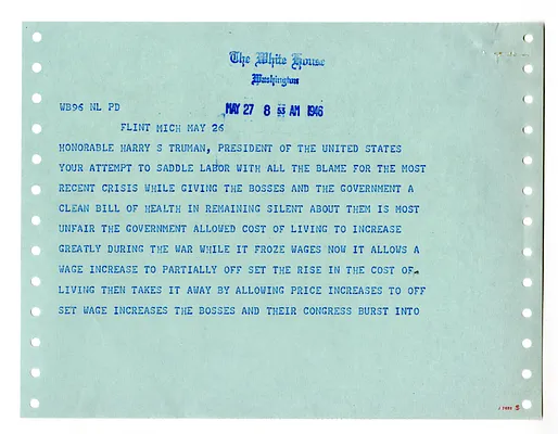Telegram from W. H. Owens to President Harry S. Truman