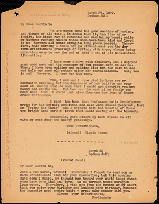 Nicola Sacco typed letter (copy) to "Auntie be" [Elizabeth Glendower Evans], Dedham, 27 March 1927