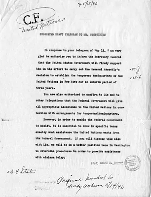 Telegram from Edward Stettinius to President Harry S. Truman with Related Material