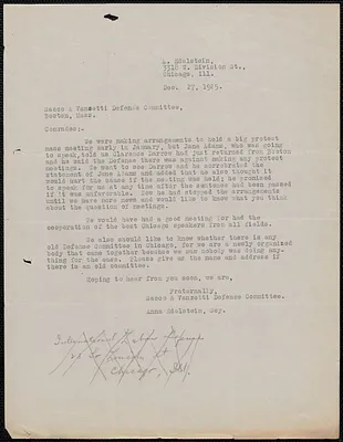 Anna Edelstein (Chicago Sacco-Vanzetti Defense Committee) typed letter to Sacco-Vanzetti Defense Committee, Chicago, Ill., December 27, 1925