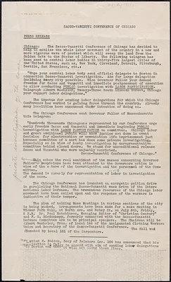 Sacco-Vanzetti Conference of Chicago press release, Chicago, Ill., approximately [August 8-22, 1927]