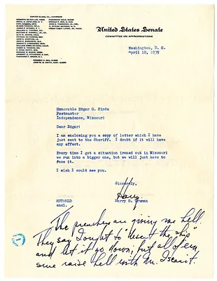 Letter from Harry S. Truman to Edgar Hinde, with Attachment