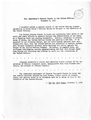 Copy of General Douglas MacArthur's Special Report to the United Nations, form the New York Times