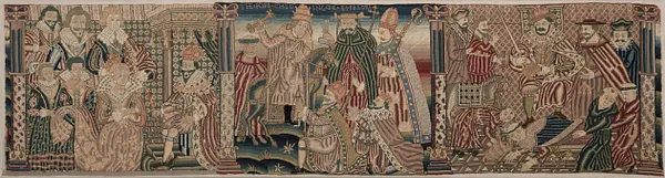 Section of an Embroidered Frieze: Ahasuerus and Esther, The Pope Chiding the Emperor, Henry VIII treading on the Pope's Neck