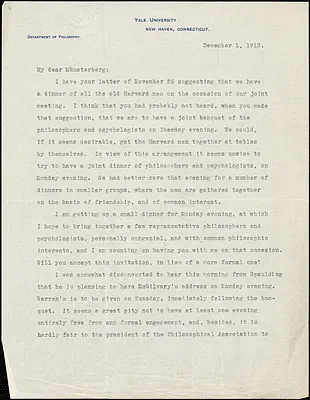 Bakewell, Charles M. (Charles Montague), 1867-1957 typed letter signed to Hugo Münsterberg, New Haven Conn., 01 December 1913