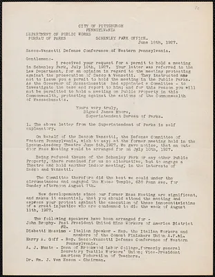 Sacco-Vanzetti Defense Conference of Western Pennsylvania typed letter (circular), Pittsburgh, Pa., [June 1927]