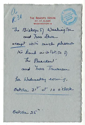 Invitation Reply from The Right Reverend and Mrs. Angus Dun to the White House Social Office