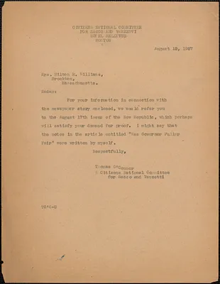 Thomas O'Connor (Citizens National Committee) typed letter (copy) to Mrs. Hilton H. Williams, Boston, Mass., August 19, 1927