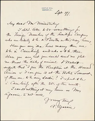 Agassiz, Alexander, 1835-1910 autograph letter signed to Hugo Münsterberg, Newport, R.I., 17 September 1904?