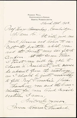 Olmstead, James Monroe, 1852-1935 autograph letter signed to Hugo Münsterberg, Boston, 28 March 1913