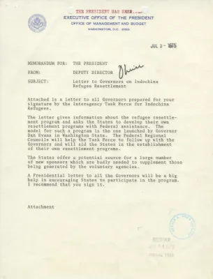 Memorandum from Paul O'Neill, Deputy Director of the Office of Management and Budget, to President Gerald R. Ford regarding a Letter to Governors on Indochina Refugee Resettlement